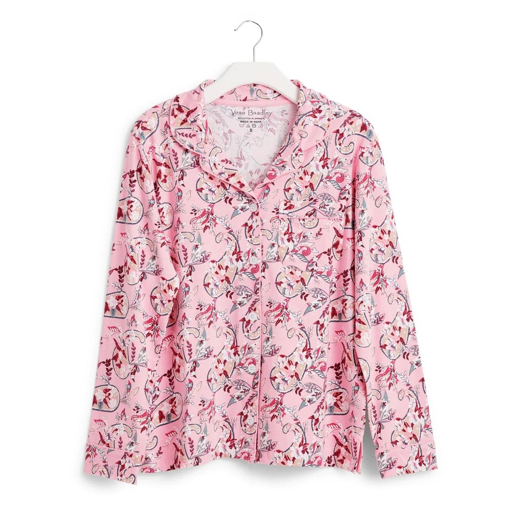 Vera Bradley Long Sleeved Button Down Pajama Top | Botanical Pink Paisley, XS